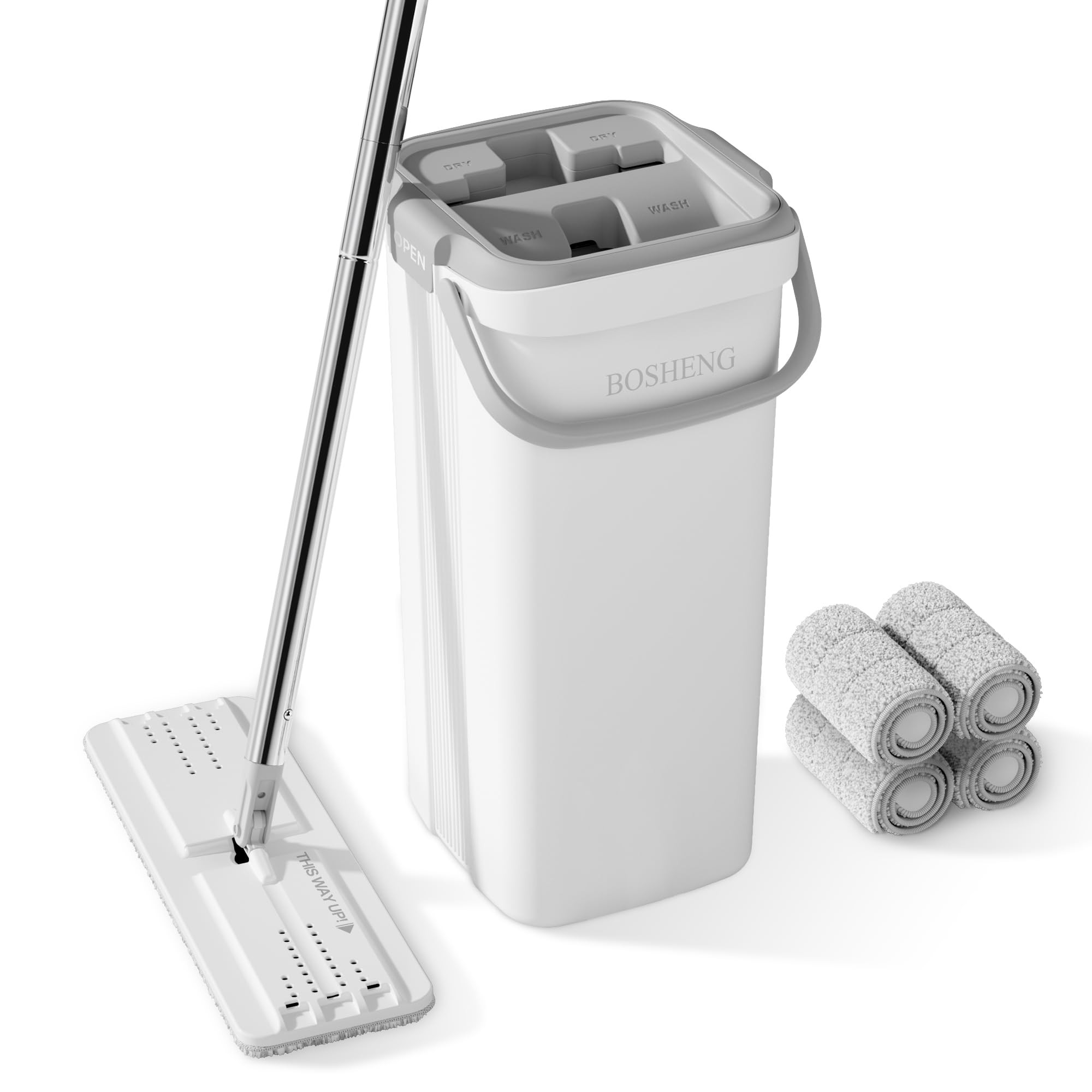 BOSHENG Mop and Bucket Set, Flat Mops for Floor Cleaning, Wall Mop with 60" Extensible Handle, Ha... | Amazon (US)