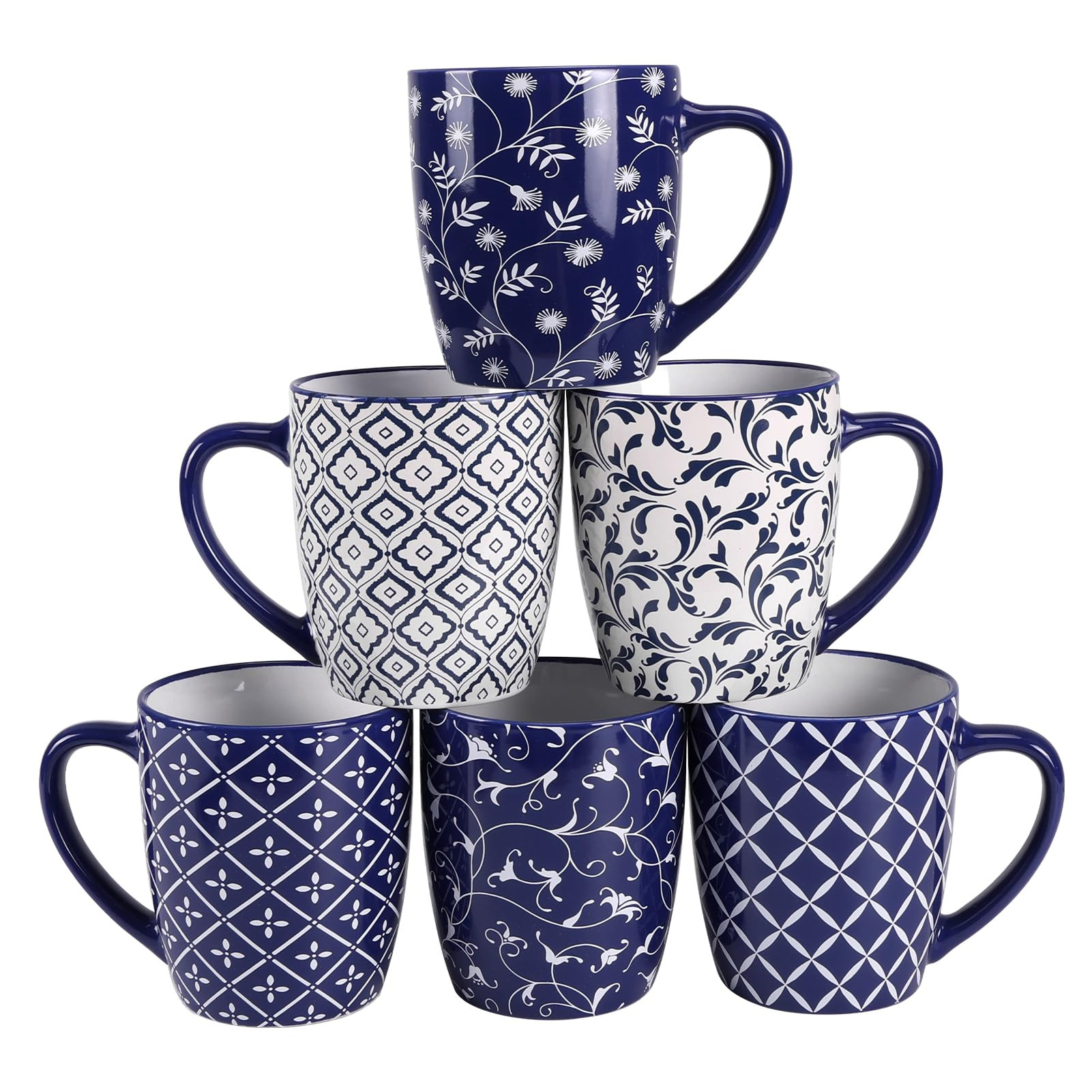Schliersee 18 OZ Large Coffee Mugs Set of 6, Ceramic Mug for Man Woman, Blue White Geometric Flor... | Amazon (US)
