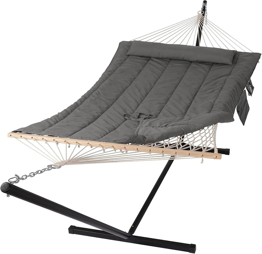 SUNCREAT Double Outdoor Hammock with Stand, Two Person Cotton Rope Hammock with Polyester Pad, Da... | Amazon (US)