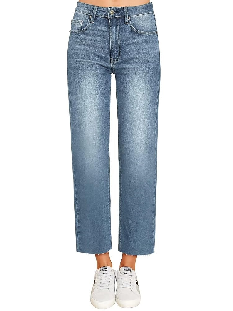 KDF Women's Cropped Straight Leg Jeans - High Waisted Jeans for Women 7/8 Length Denim Pants with... | Amazon (US)