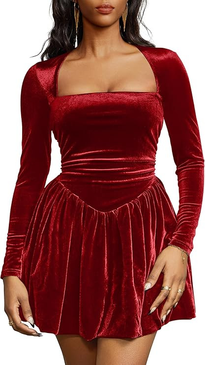 GOBLES Women's Sexy Long Sleeve Square Neck Velvet Bubble Mini Cocktail Party Dress | Amazon (US)