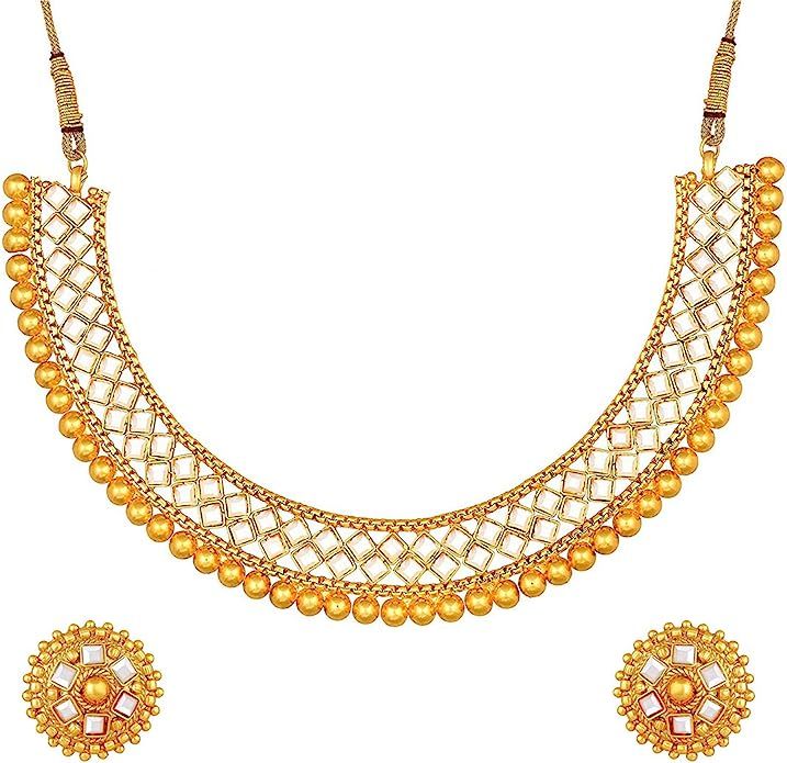 Aheli Ethnic Wedding Party Wear Gold Tone Faux Stone Studded Necklace with Stud Earrings Set Indi... | Amazon (US)