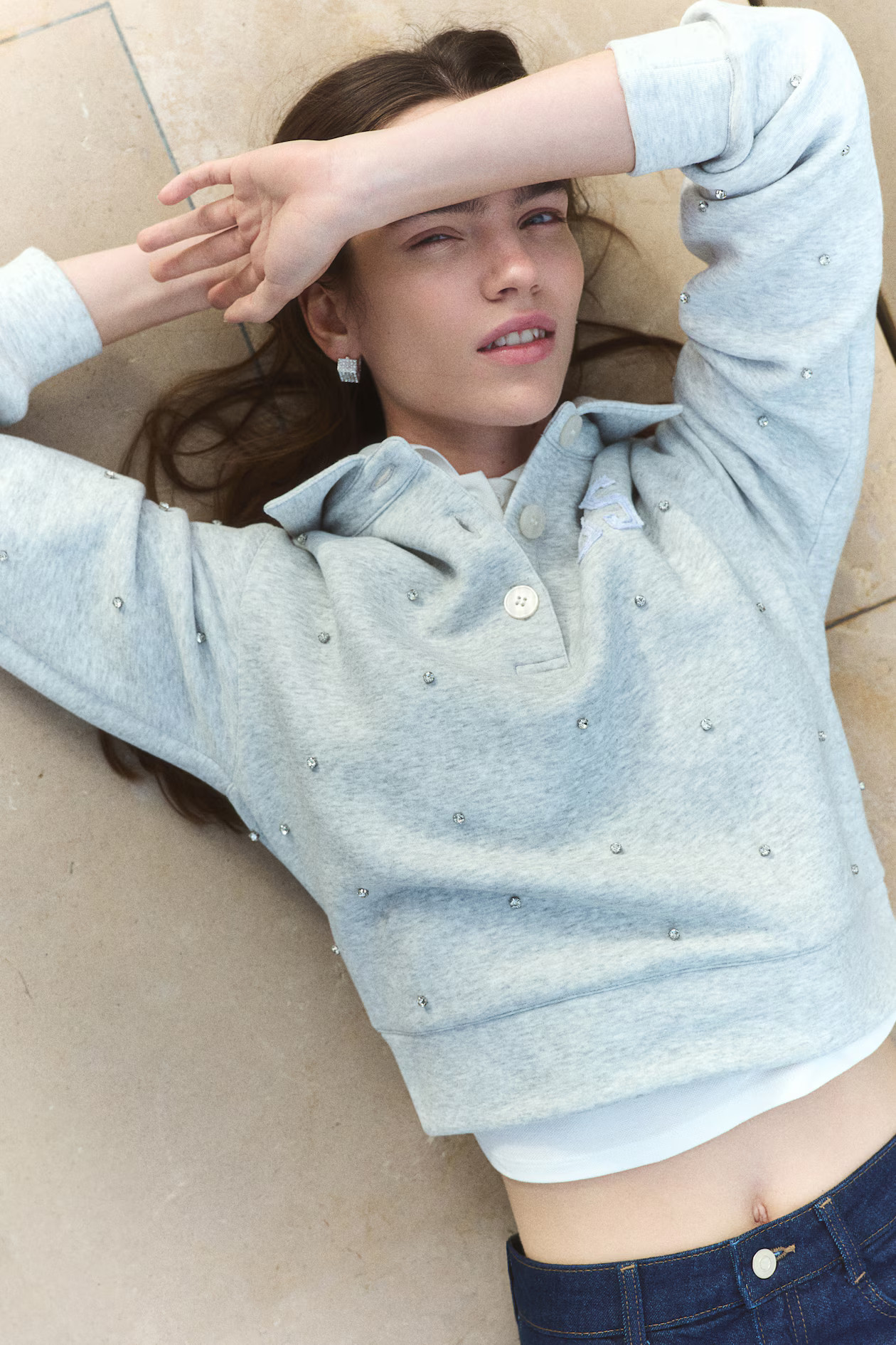 Embellished Scuba Rugby Shirt - Light gray melange/85 - Ladies | H&M US | H&M (US + CA)