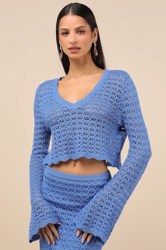 Serene Aesthetic Blue Crochet Knit Sweater Crop Top | Lulus