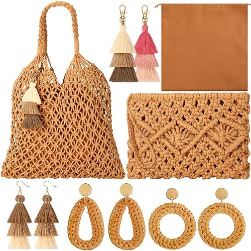 10 Pieces Bohemian Accessories Woven Straw Shoulder Bag Straw Clutch Purse 3 Pairs Handmade Rattan E | Amazon (US)