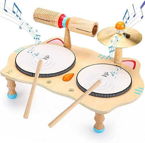 OATHX Kids Drum Set All in One Montessori Musical Instruments Set Toddler Toys Ages 1- 3- 5 Natural  | Amazon (US)
