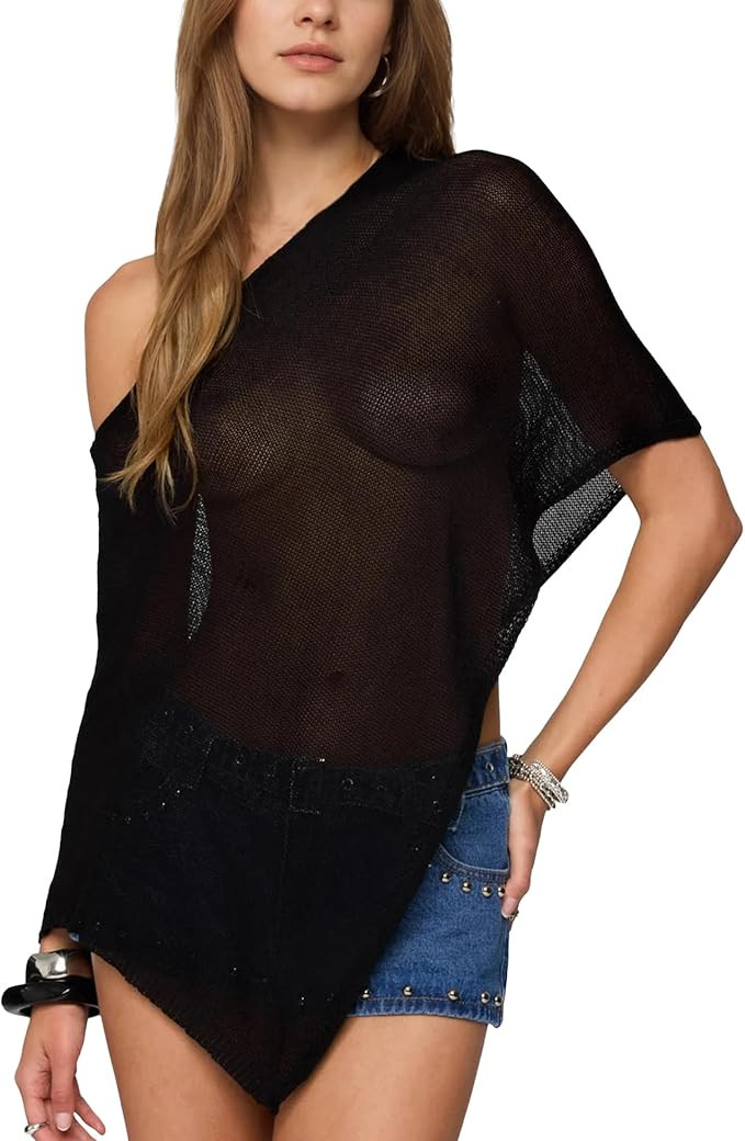 Women Cover Up One Shoulder Knit Asymmetric Shrug Pullover Sweater Trendy Beach Vacation Sheer Po... | Amazon (US)