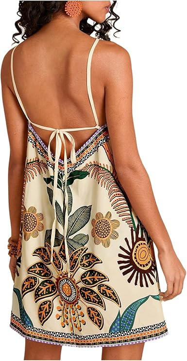 RoseSeek Women's Boho Tropical Tie Backless Halter Dresses Sleeveless Vacation Beach Short Dress ... | Amazon (US)