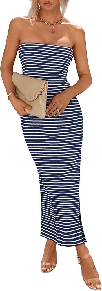 PRETTYGARDEN Women's Summer Bodycon Maxi Tube Dress Ribbed Strapless Side Slit Long Going Out Cas... | Amazon (US)