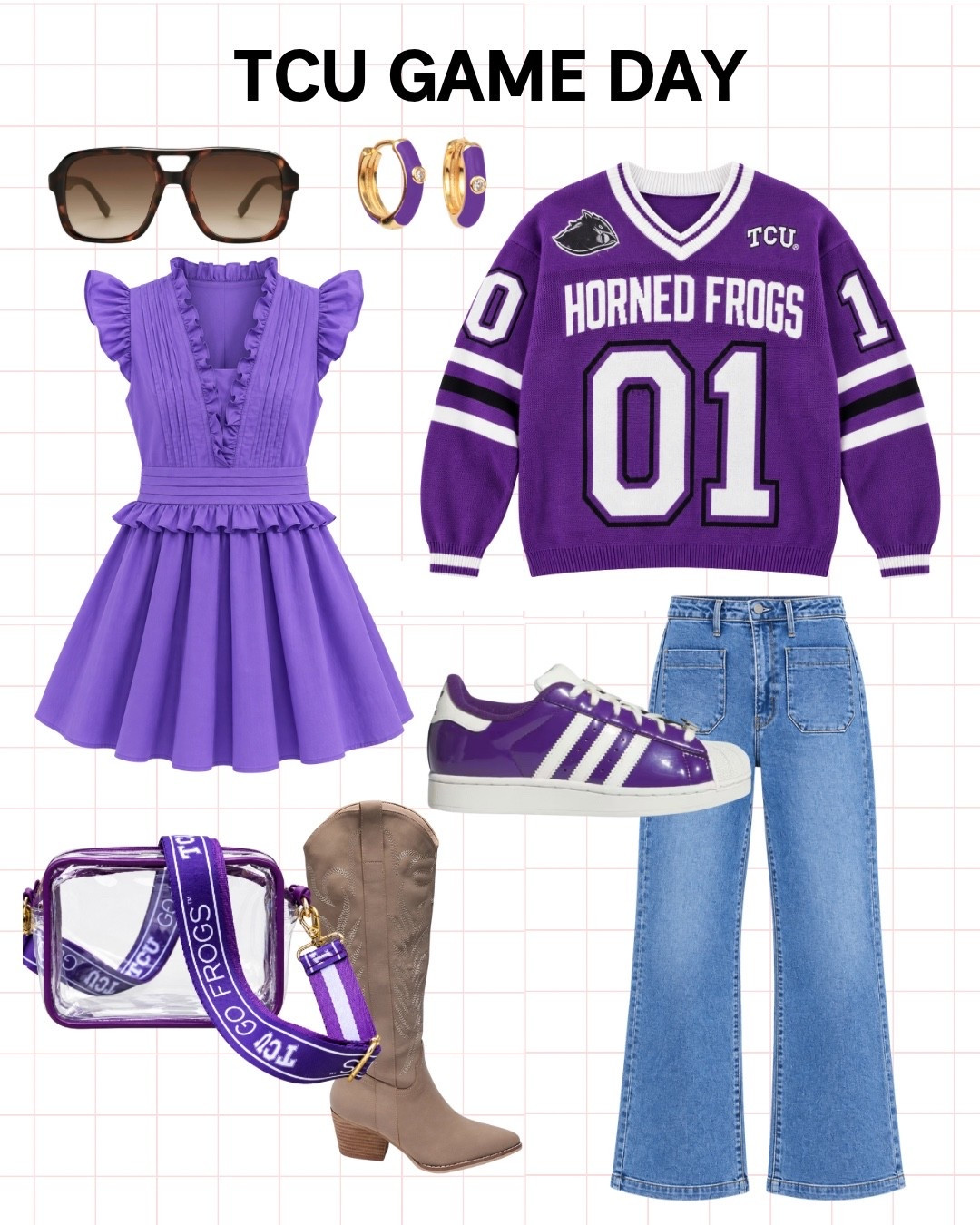 TCU game day outfit ideas 💜 Cute purple game day looks for TCU football, tailgating in Fort Worth and Saturdays at Amon G. Carter Stadium. Shop a TCU Horned Frogs sweater jersey, purple game day dress, wide leg jeans, purple Adidas sneakers, cowboy boots, clear stadium bag and game day accessories. Easy college football outfit inspo for TCU students, moms, alumni and Horned Frogs fans. Go Frogs! 🐸🏈