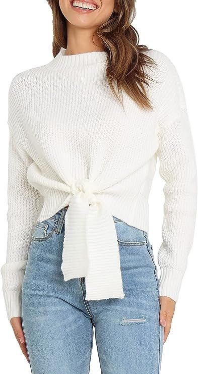 Okiwam Women's Long Sleeve Cropped Knit Sweater Tie Front Crew Neck Solid Color Ribbed Pullover 2... | Amazon (US)