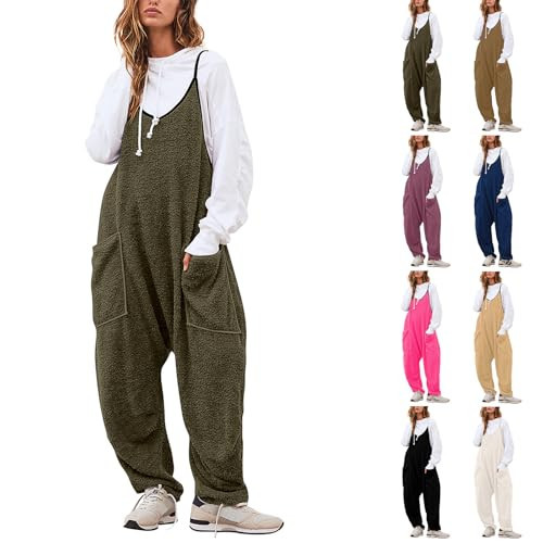 Women Fleece Overalls Winter Fuzzy Jumpsuits with Pocket Cute Fluffy One Piece Jumpsuits Hot Shot Cuddle Up Onesie Casual Ski Snow Bibs Pants Sleeveless Baggy Overalls Black Jumpsuit For Women | Amazon (US)