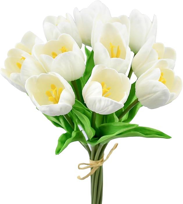 Mandy's Artificial Tulips 12 Stems White Partially Open PU Faux Flowers for Valentine's Day and N... | Amazon (US)