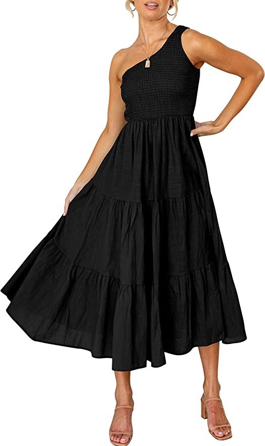 ANRABESS Women’s Summer Casual One Shoulder Sleeveless Smocked Midi Dress Loose Ruffle Long Bea... | Amazon (US)