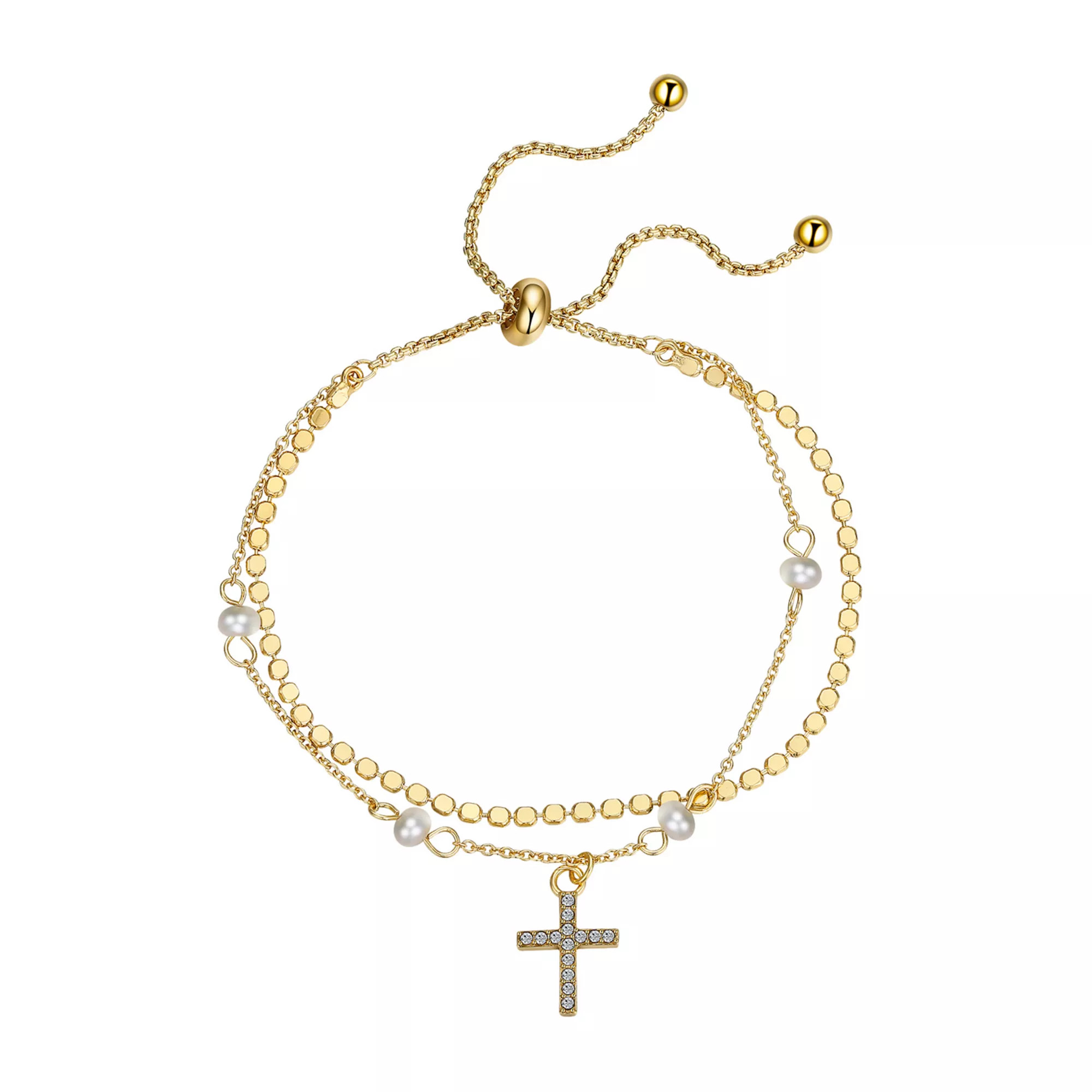 Gratitude & Grace 14k Gold Plated Crystal & Freshwater Cultured Pearl Cross Double Strand Adjusta... | Kohl's