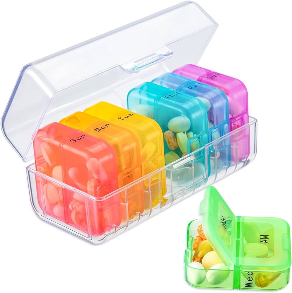 Zoksi Weekly Pill Organizer 2 Times a Day, Rainbow 7 Day Pill Box, Daily Am Pm Pill Organizer, Po... | Amazon (US)
