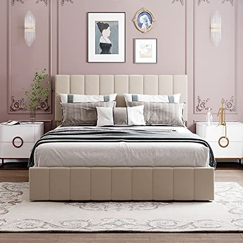 Merax Queen Size Upholstered Platform Bed with a Hydraulic Storage System, No Box Spring Needed, ... | Amazon (US)