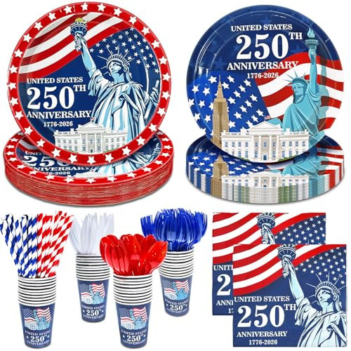 256Pcs 4th of July Decoration 250th Anniversary Patriotic American Flag Party Supplies-Serve 32 4th of July Disposable Paper Plates Cups Napkins Cutlery Forks Spoons Straws Red White Blue,Memorial Day | Amazon (US)