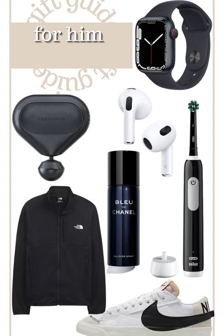 Gift guide for him 
Massage gun 
Air pods 
Apple Watch 
Electronic toothbrush 
North face jacket 
Mens cologne
Men’s sneakers 

#LTKHoliday #LTKGiftGuide #LTKSeasonal