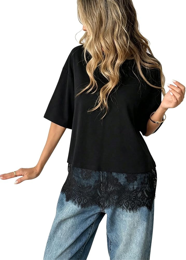 Verdusa Women's Y2k Lace Tops Summer Short Sleeve Tshirts Basic Tees Going Out Outfits | Amazon (US)