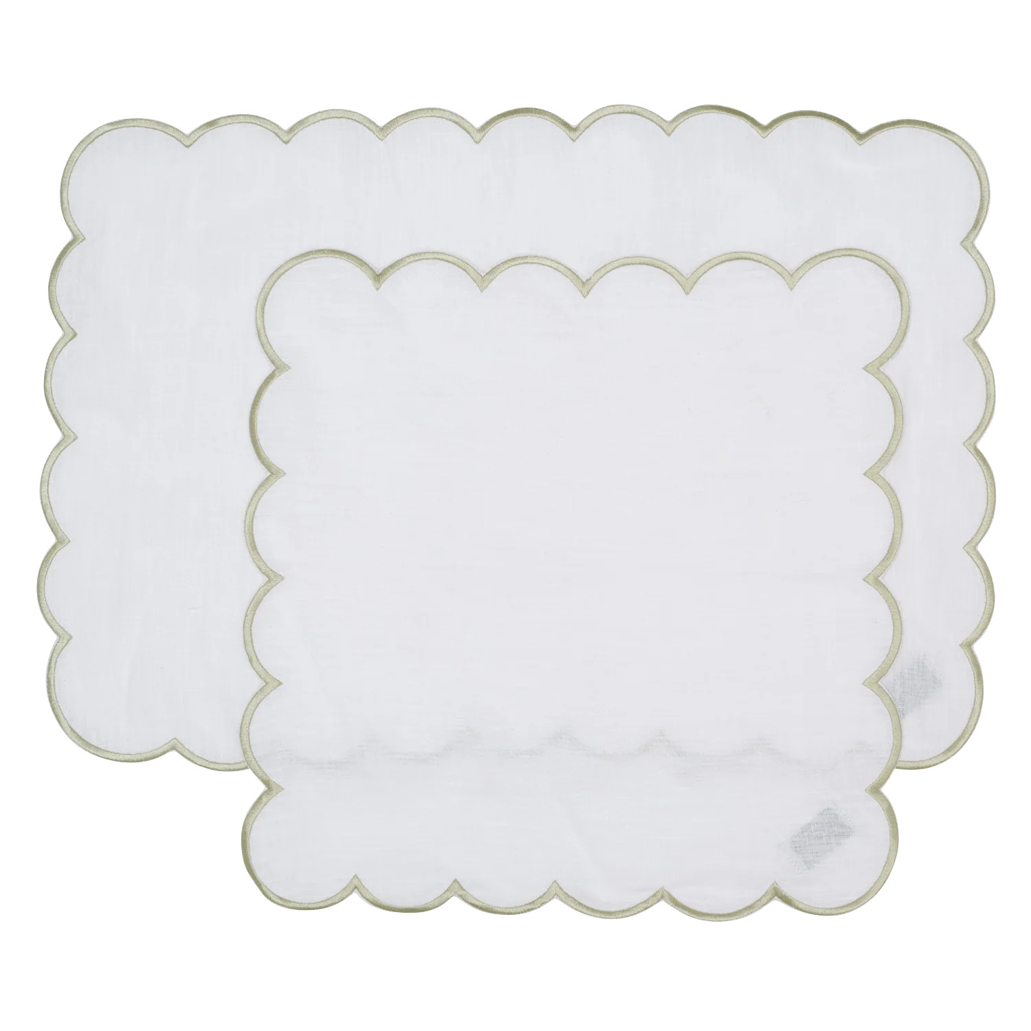 White and Sage Scalloped Napkin and Placemat Set - Set of 4 | In The Roundhouse