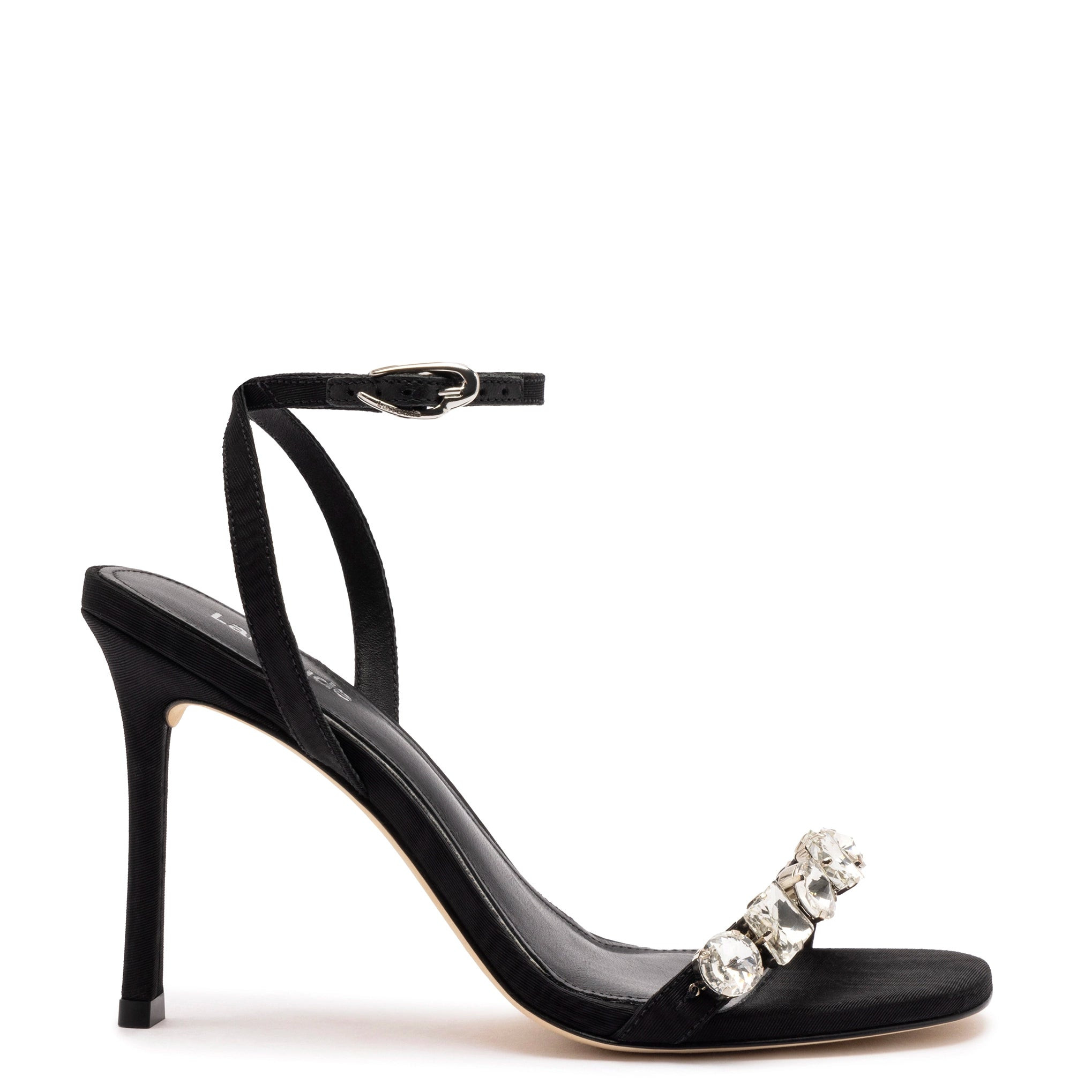 Calypso Sandal In Black Fabric and Crystals | Larroude