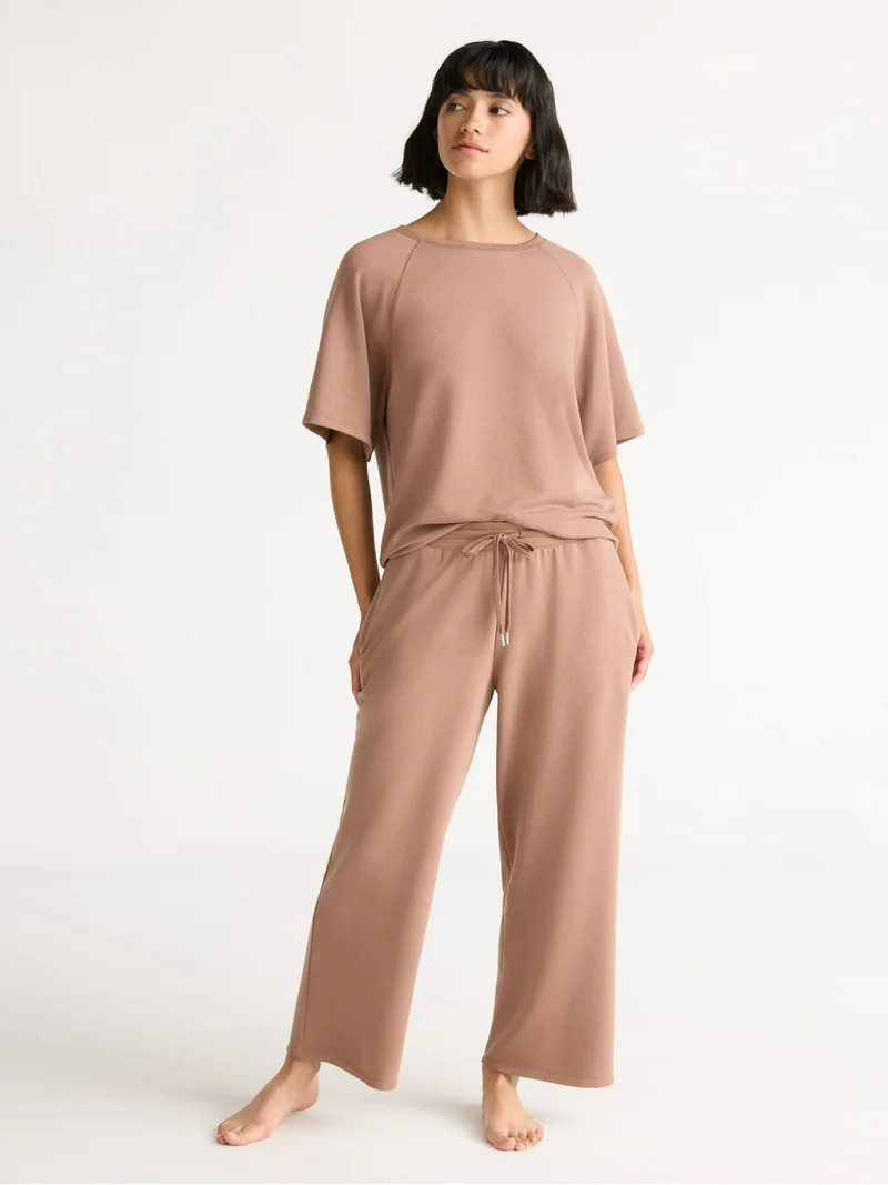 Joyspun Women's French Terry Short Sleeve Top and Capri Pants Pajama Set, 2-Piece, Sizes XS-3X | Walmart (US)