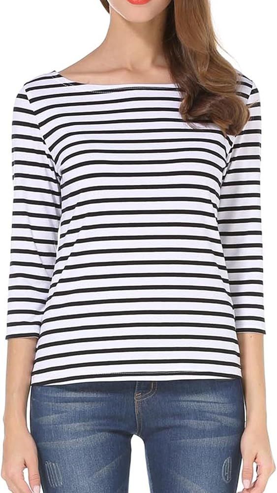 Tulucky Women's Casual Long Sleeve Shirts Stripe Tees Round Neck Tank Tops | Amazon (US)