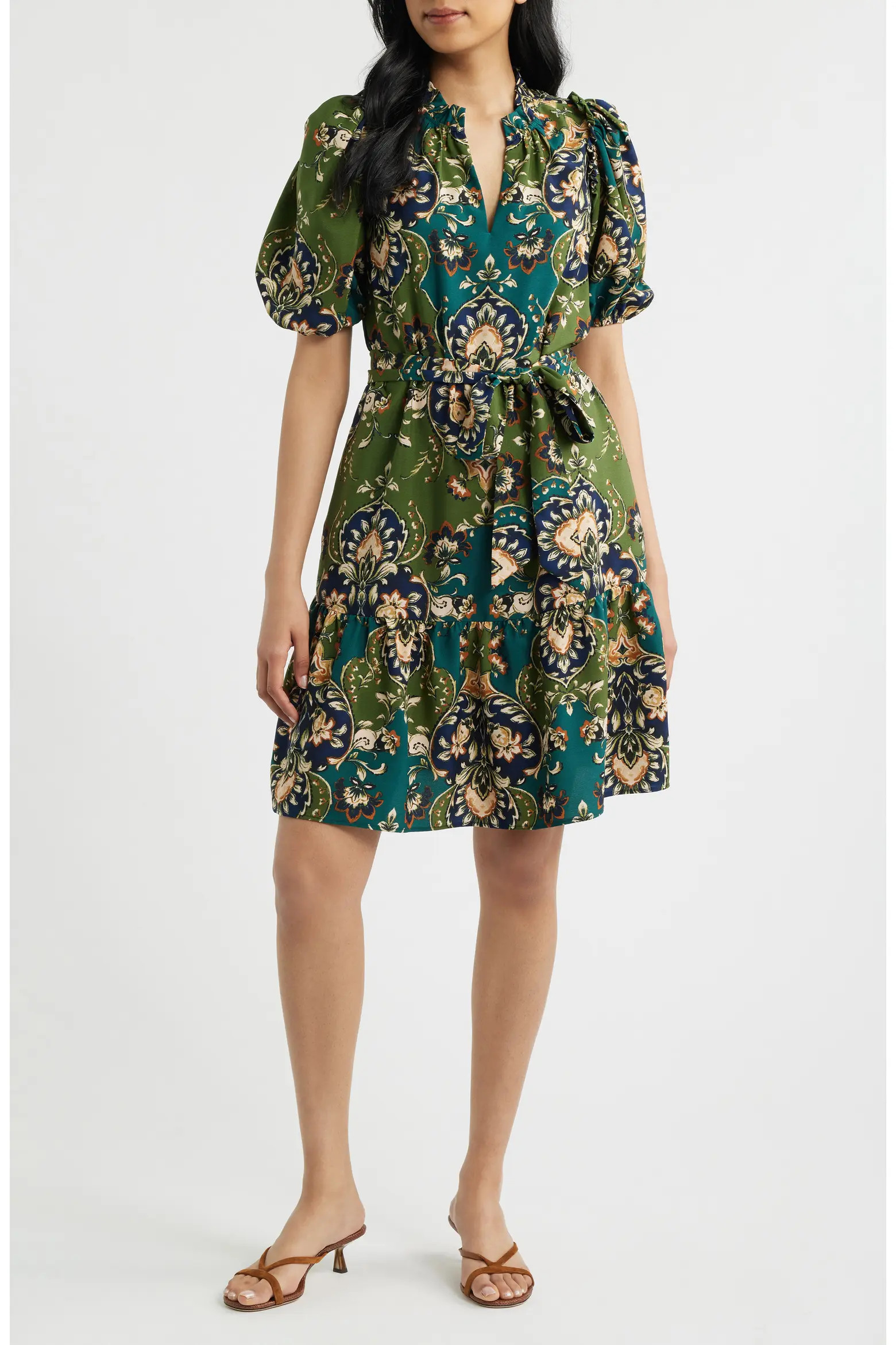 Print Tie Waist Puff Sleeve Dress (Women) | Nordstrom | Nordstrom