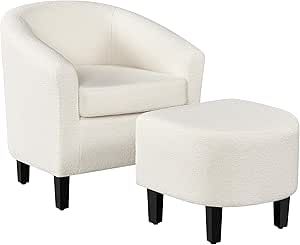 Yaheetech Accent Chair and Ottoman Set, Mid Century Fuzzy Barrel Chair Comfy Fabric Armchair and ... | Amazon (US)