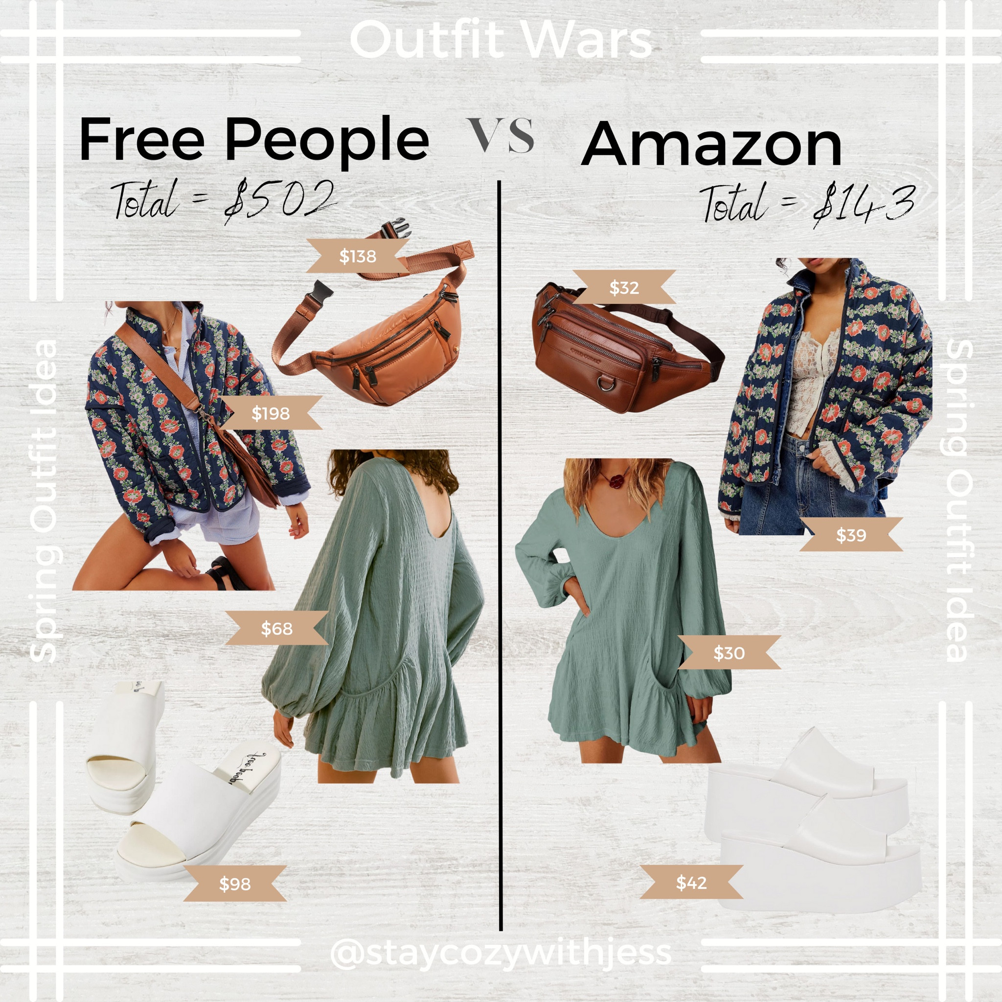Free People vs. Amazon spring outfit wars. Shop all 8 pieces below and follow me for more this vs. that fashion finds.

Stay cozy,
-Jess

Free people, free people inspired, free people, Amazon, free people spring, free people dupes, Amazon outfit, Amazon dress, Amazon sun dress, platforms, outfits, outfit ideas, spring jackets, spring outfits, inspired looks, looks for less, spring outfitts

#LTKfindsunder50 #LTKSeasonal #LTKstyletip