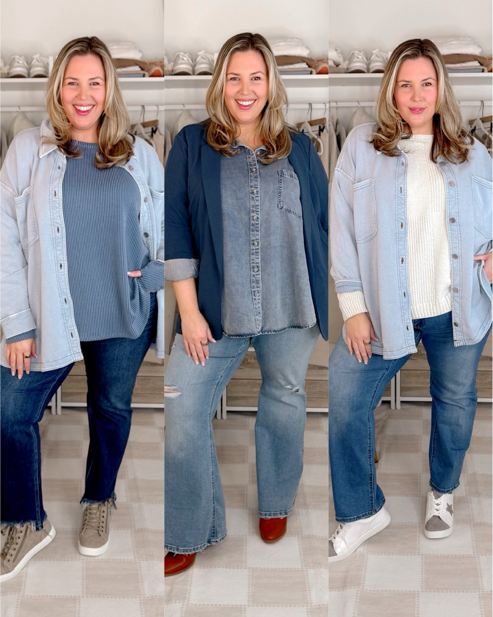 Wearing a 2X in the shacket, blazer and cream sweater, a 3X in the blue tops and a 22 in the jeans! Size up in jeans, 2 sizes! Although the first pair of jeans I’m also able to wear the 20, just a snugger fit. Great stretch though!

#LTKStyleTip #LTKPlusSize #LTKSeasonal
