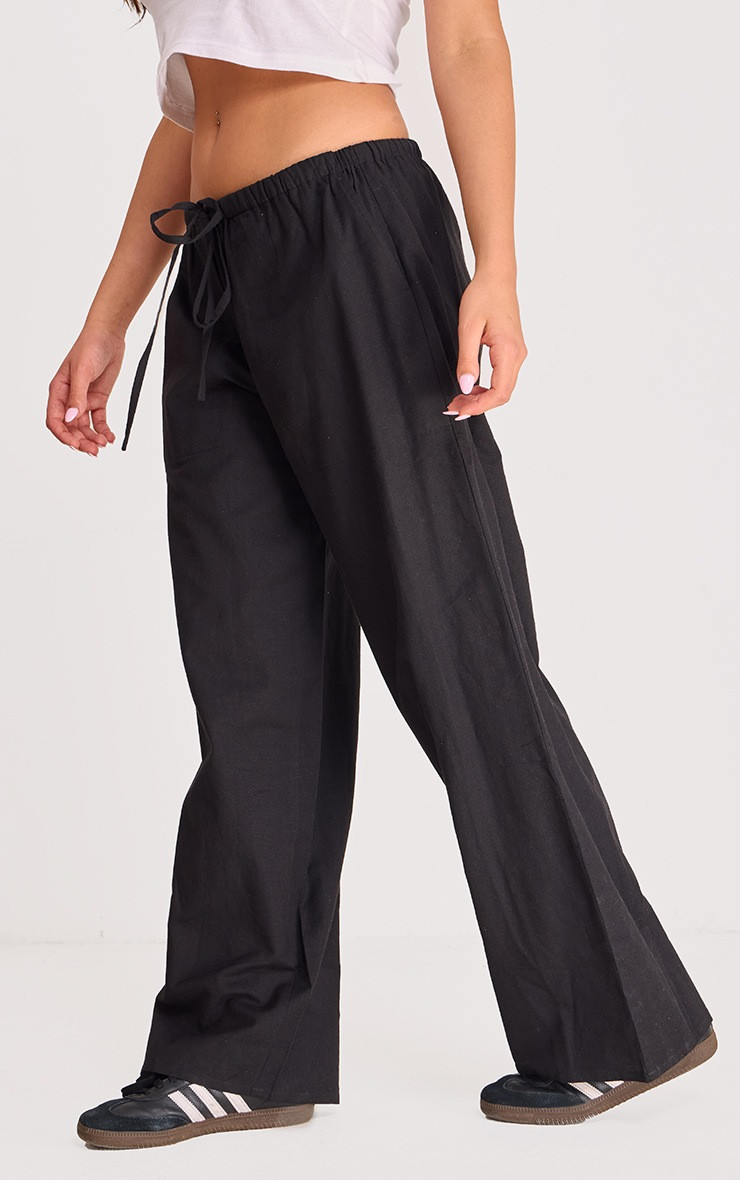 Black Linen Feel Drawstring Waist Trousers | PrettyLittleThing UK