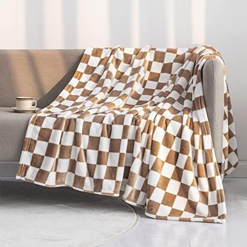 LOMAO Throw Blankets Flannel Blanket with Checkerboard Grid Pattern Soft Throw Blanket for Couch, Be | Amazon (US)