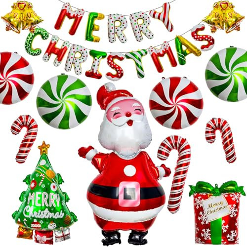 61" Christmas Balloons Set -MerryChristmas Balloon Banner Large Santa, Red & Green Candy Cane Foil Balloons for Christmas Party Decorations | Amazon (US)