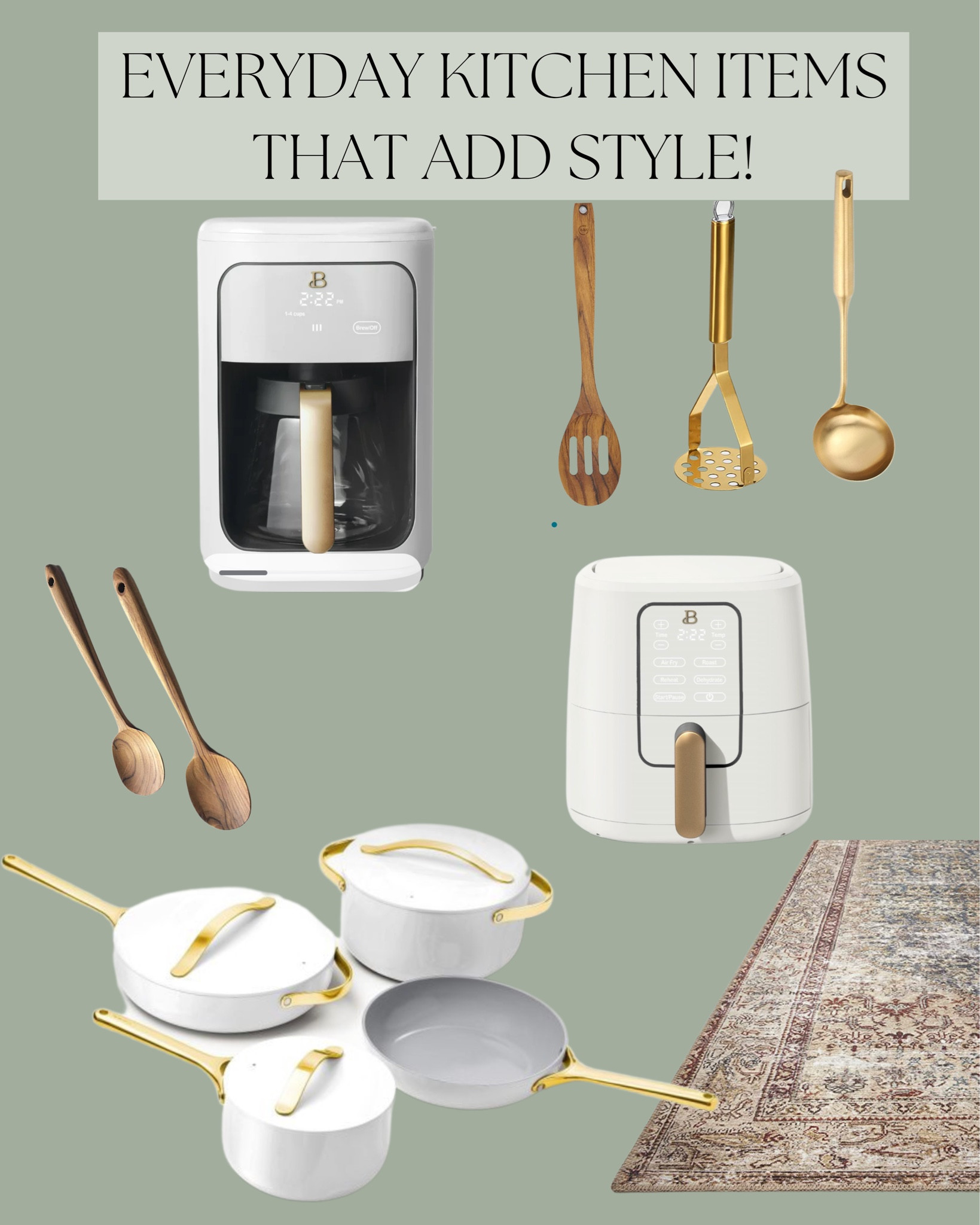 Everyday kitchen items that add style and function! White and gold kitchen appliances // wood // brass // vintage // beautiful appliances // countertop // caraway // cookware

#LTKunder100 #LTKunder50 #LTKhome