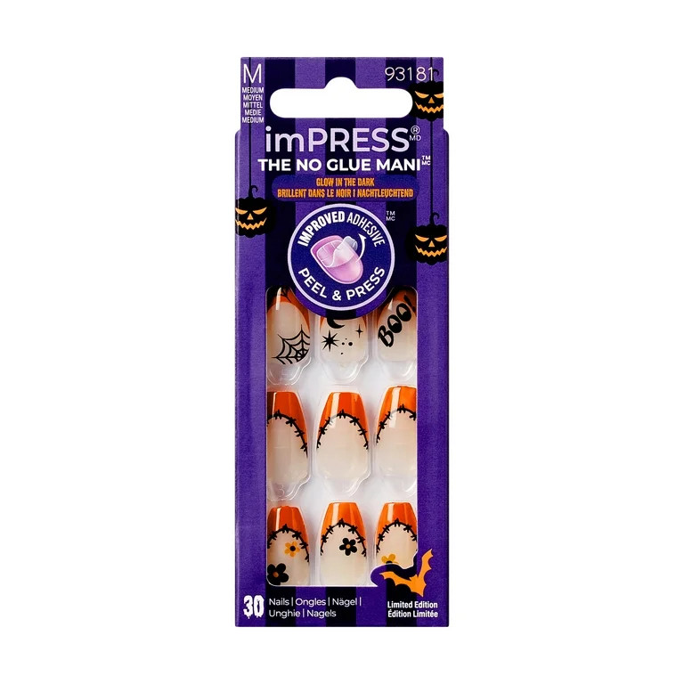 KISS imPRESS No Glue Needed Press On Nails, Resting Witch Face, Orange, Medium Coffin, 30 Count | Walmart (US)