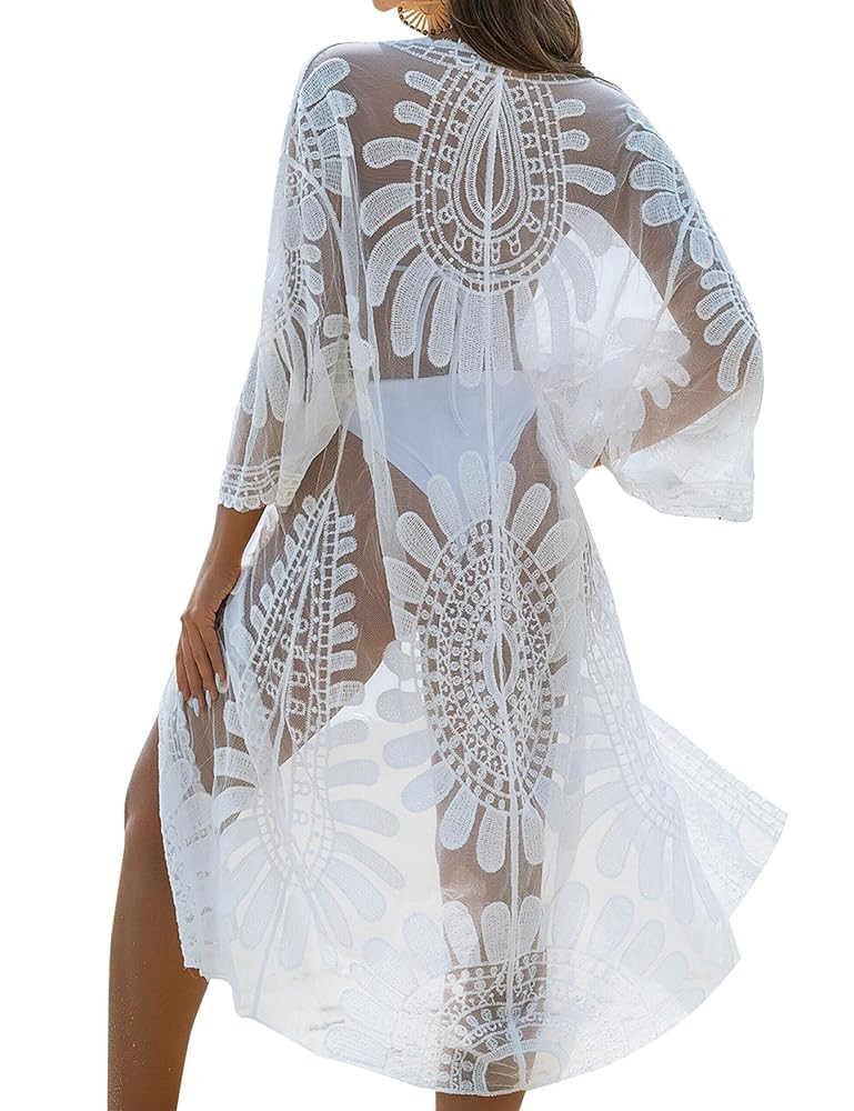 Blooming Jelly Womens Bathing Suit Cover Up 3/4 Sleeve Mesh Swimsuit Coverup Long Floral Beach La... | Amazon (US)