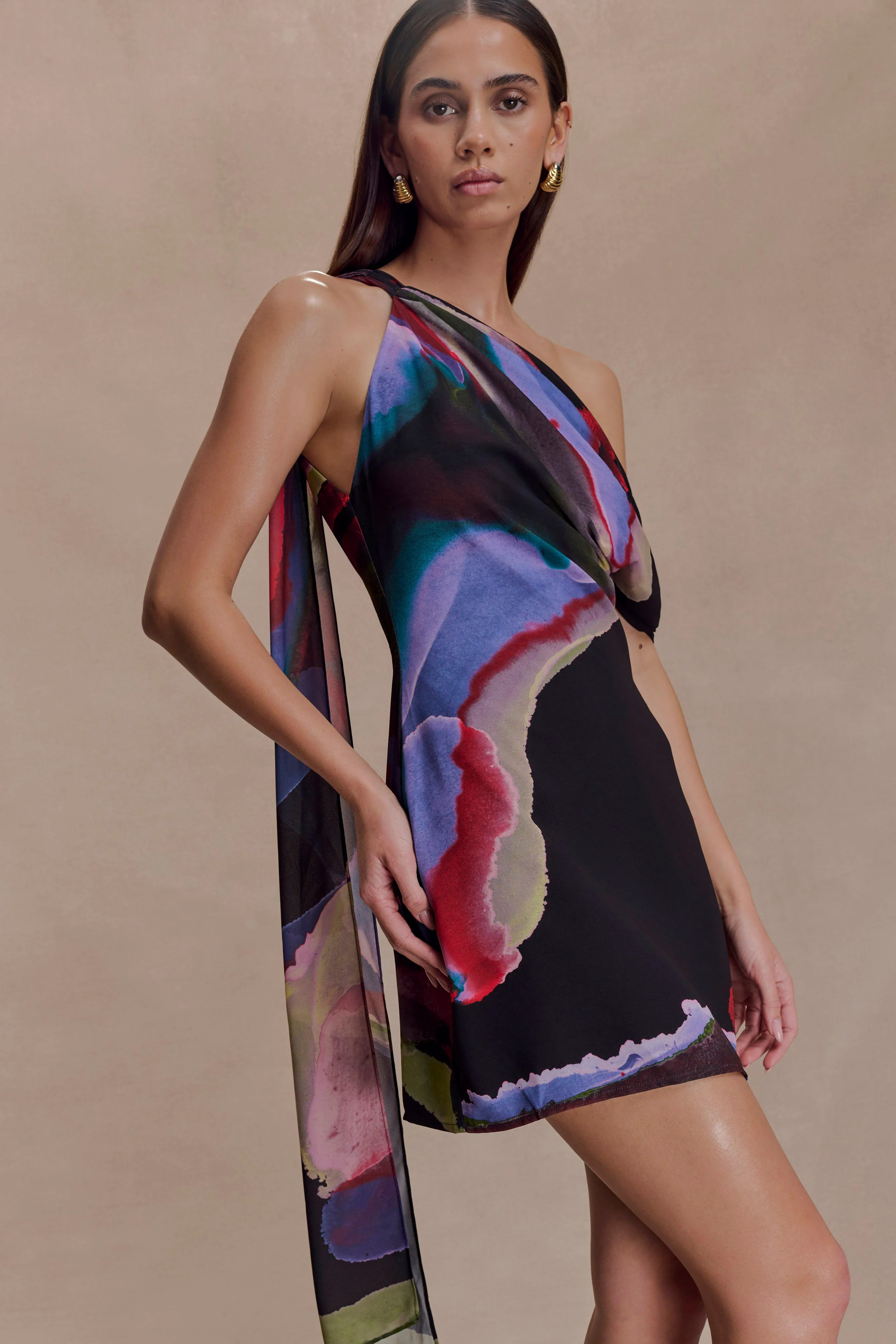 Chiffon Mini Dress - Multi Fluid Reverie Print | MESHKI US