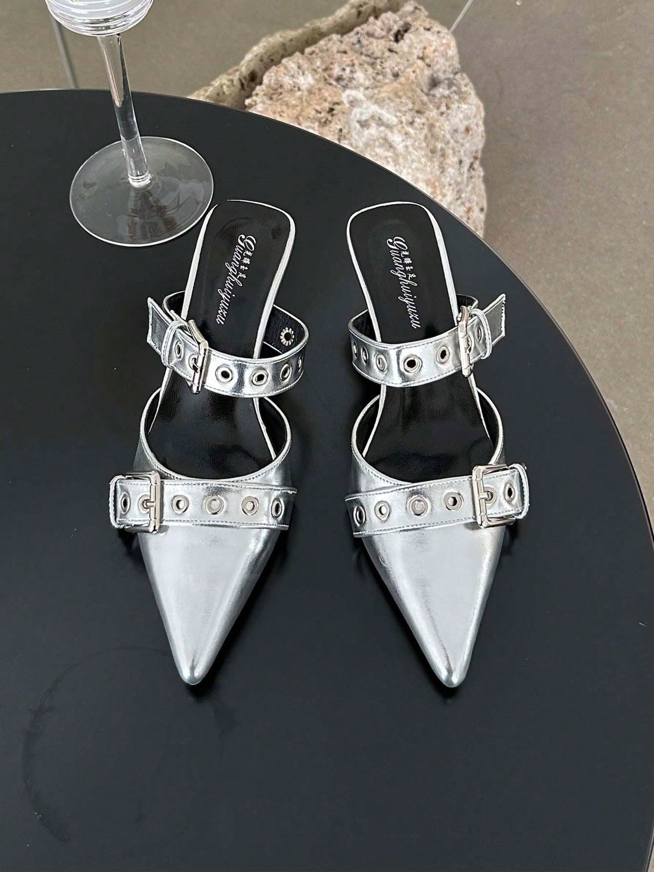 Women Metallic Eyelet & Buckle Decor Point Toe Pumps, Glamorous Silver Mule Pumps | SHEIN
