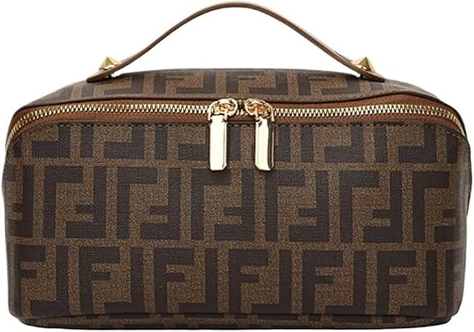 Brown Cosmetic Bag for Women-26×12×13cm Large Capacity Portable Makeup Bag with PU Lining, Trav... | Amazon (US)