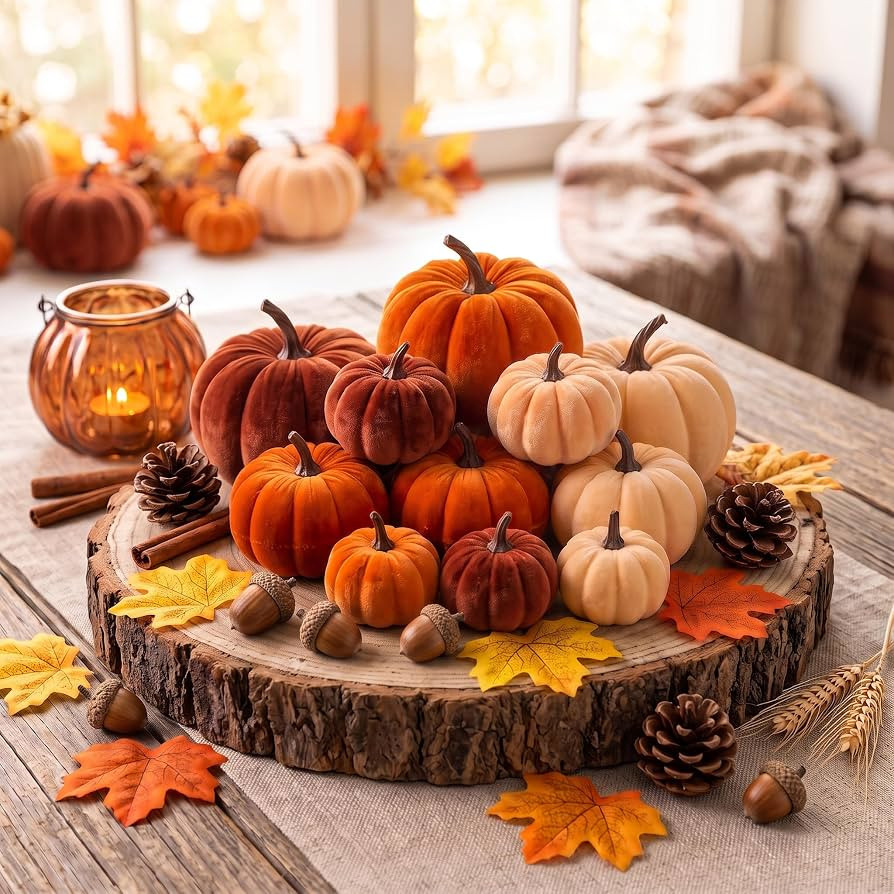 30 Pcs Velvet Fall Pumpkins Set with Leaves, Acorns & Pine Cones | Amazon (US)