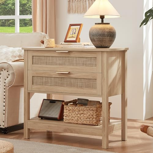 LEYAOYAO 31.5" Wide Rattan Night Stand, Oversized Large Boho Nightstand with 2 Drawer, Natural Wood Bed Side End Tables with Storage Shelf, Tall Bedside Table for Bedroom Living Room, Hallway | Amazon (US)