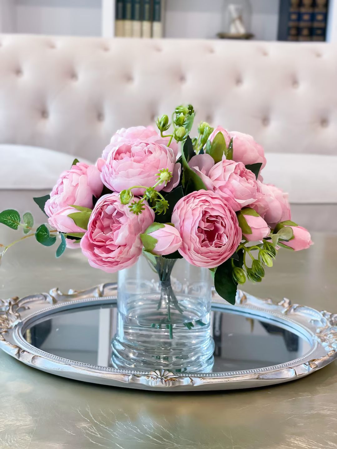 Pink Rose Peony Arrangement-silk Peonies in Glass Vase-peony - Etsy | Etsy (US)