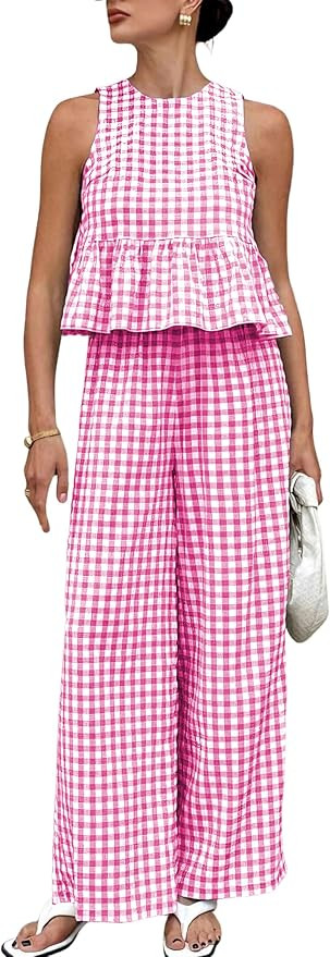 Womens 2 Piece Outfits Sets Gingham Plaid Sleeveless Ruffle Tank Tops and Wide Leg Pants Summer M... | Amazon (US)