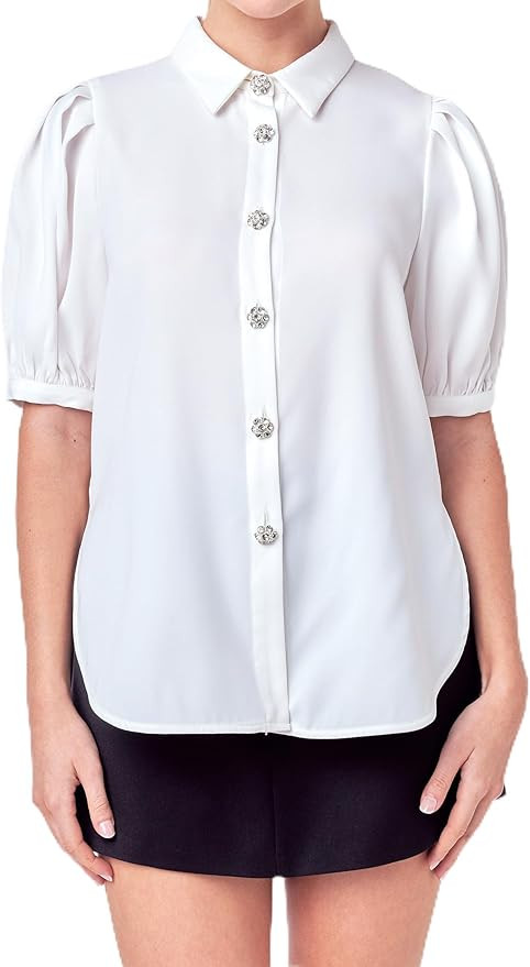 English Factory Women Jewel Button Puff Sleeve Top, White, S | Amazon (US)