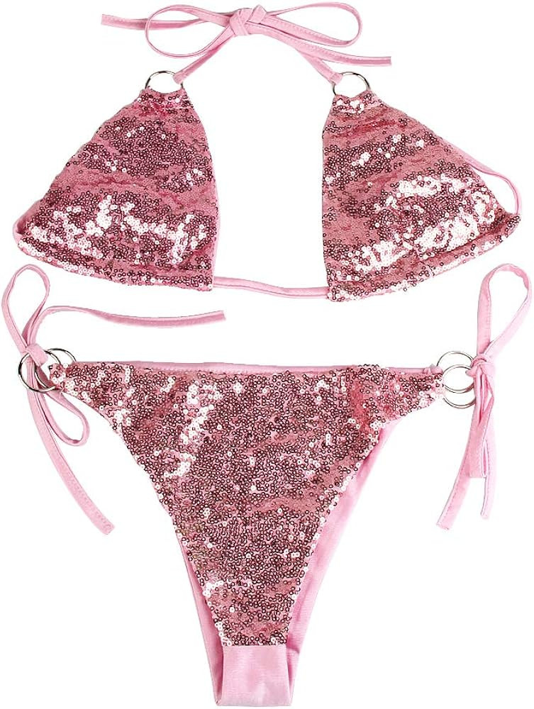Bikini Swimwear, Women Halter Triangle Lace-Up Bikini Set Two Piece Swimsuit, Sequin Sexy Split B... | Amazon (US)