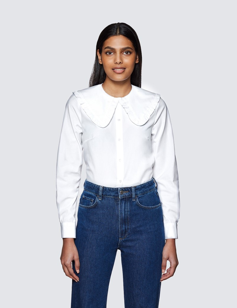 Women’s Boutique White Poplin Shirt With Frill Neck - Wide Collar | Hawes & Curtis | Hawes and Curtis (US & CA)