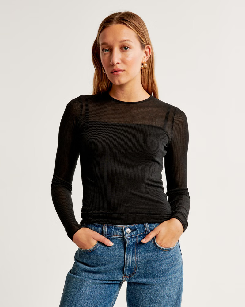Women's Long-Sleeve Sheer Rib Crew Top | Women's Tops | Abercrombie.com | Abercrombie & Fitch (US)