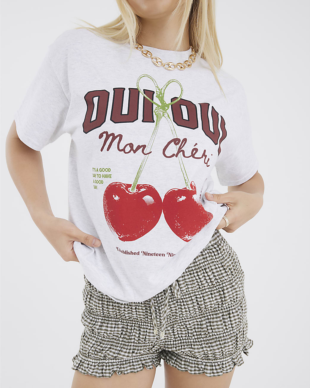 Grey Cherry Oui Heart T-Shirt | River Island UK & IE